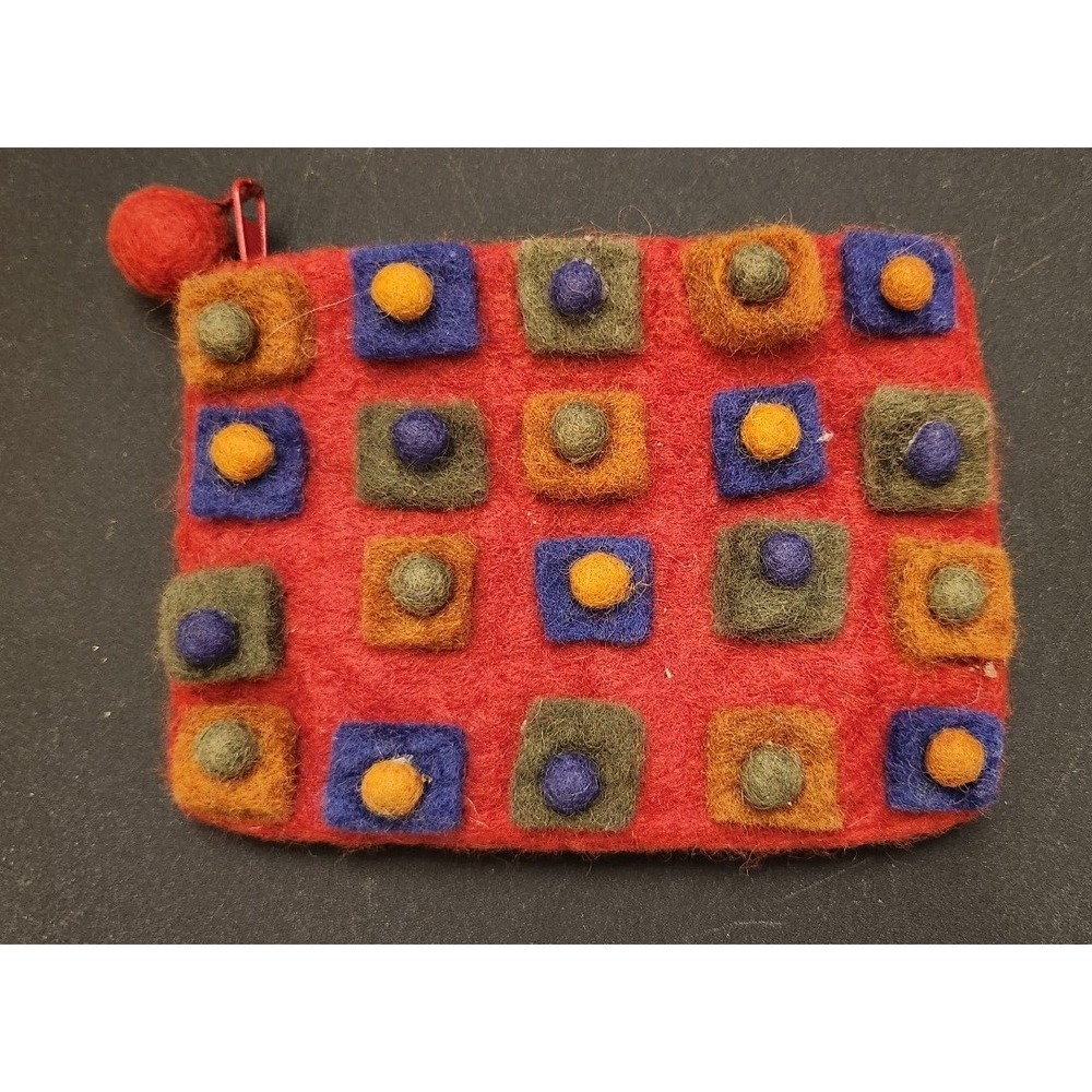 Rising Tide Nepal 100% Felted Wool Boho Floral cosmetic bag, coin purse,‎ red